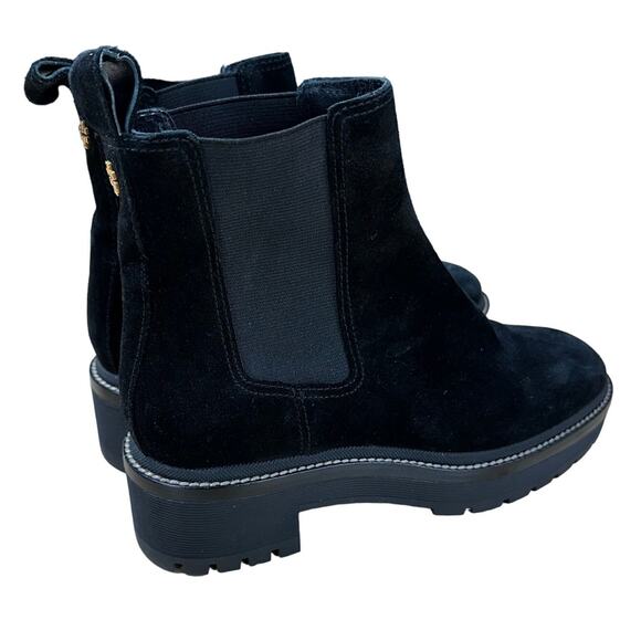 Tory Burch NWOB Chelsea 50mm Lug Suede Black Bootie Size 5M Pull Tab Gold Logo - Picture 3 of 10